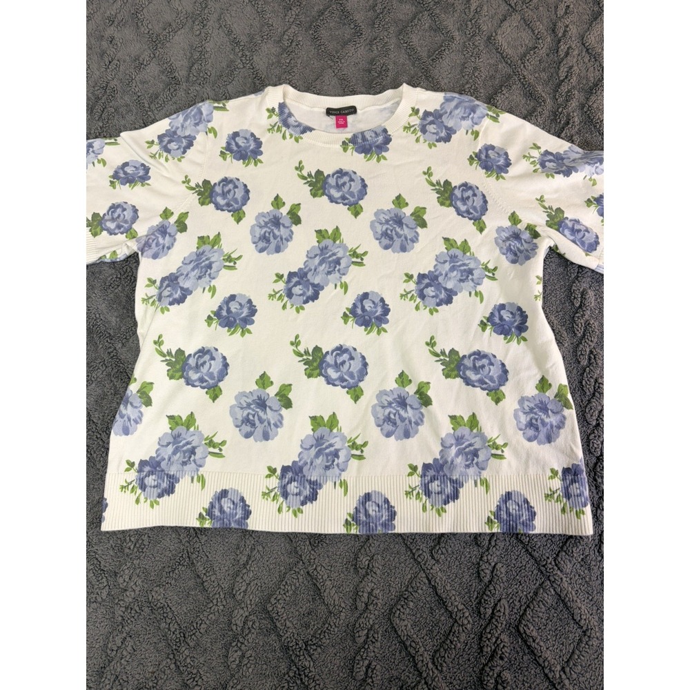 Vince Camuto Women's XL Floral Short Sleeve Sweater Blue White